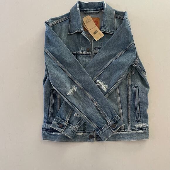 Levi's Ex-Boyfriend Distressed Classic Denim Blue Relax Fit Trucker Jacket SZ sm - Picture 2 of 6